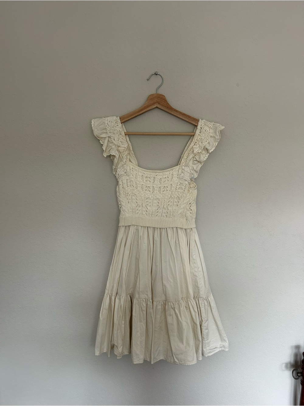 En Saison Cream Crochet Bodice Ruffle Mini Dress